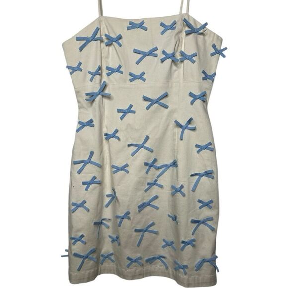 BHLDN Blue Bow Fitted Mini Dress Size 4 White Blue Cinderella Wedding Preppy - Picture 6 of 16